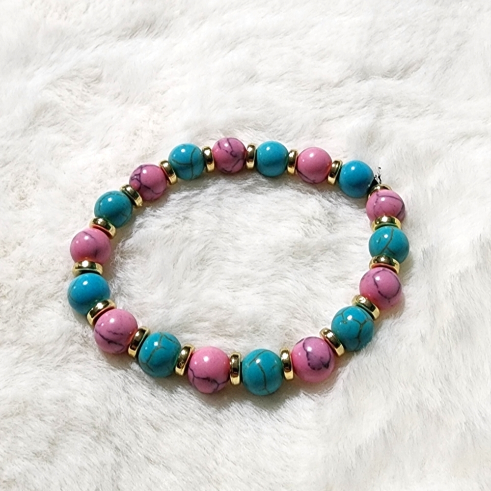 Blue and Pink Marbled Bracelet With Gold Accent Cotton Candy Themed